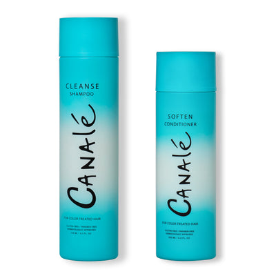 A bottle of Canale Cleanse Shampoo and a bottle of Soften Conditioner against a white background.